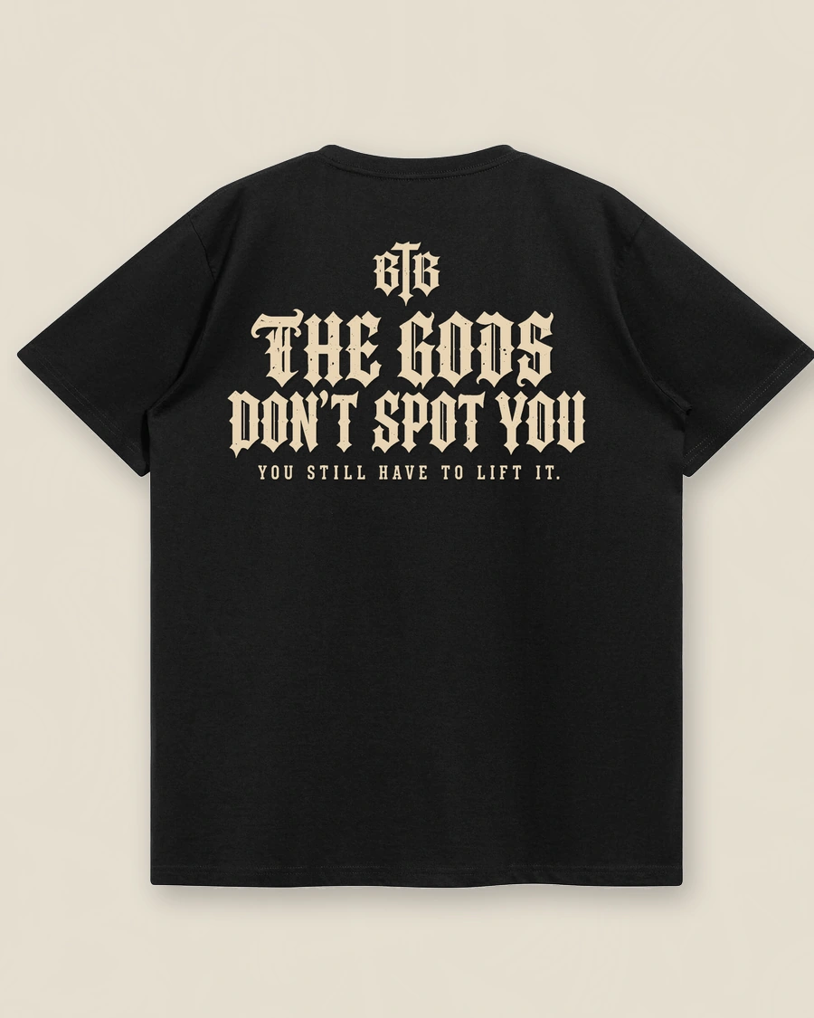 Back of The Gods Don’t Spot You washed-black T-shirt with large approved back illustration