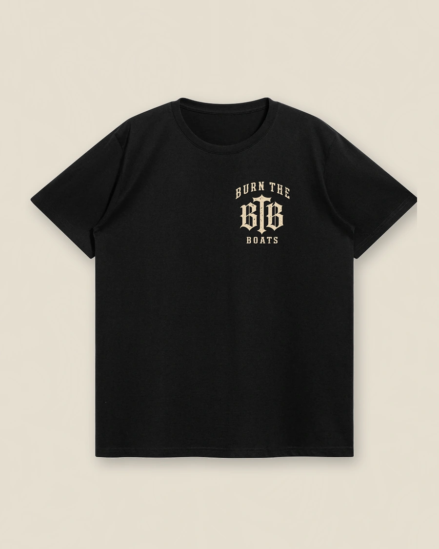 Flat-lay view of The Gods Don’t Spot You washed-black T-shirt with approved artwork placement