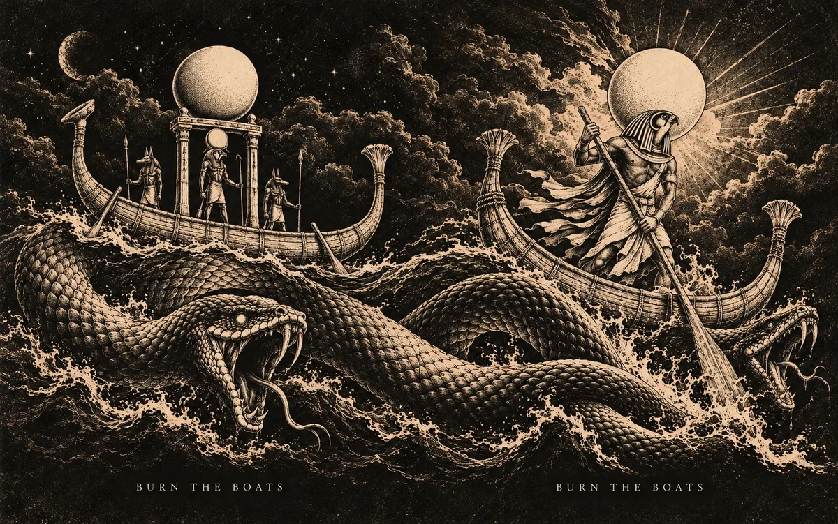 Hand-illustrated Ra and Apophis mythos scene